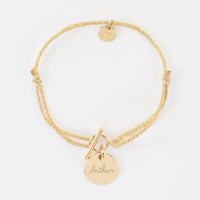 Bracelet fermoir personnalisé cordon pailleté médaille gravée plaqué or 15 mm - HappyBulle x Mon petit Léon - Arthur