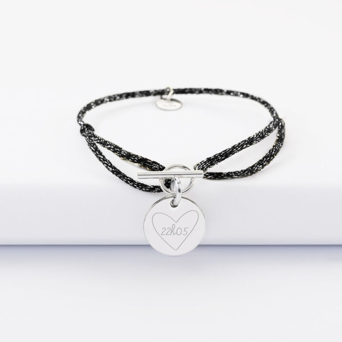 Bracelet fermoir personnalisé cordon pailleté médaille gravée argent 15 mm - HappyBulle x Mon petit Léon - 22h05