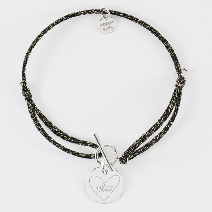 Bracelet fermoir personnalisé cordon pailleté médaille gravée argent 15 mm - HappyBulle x Mon petit Léon - 11h47
