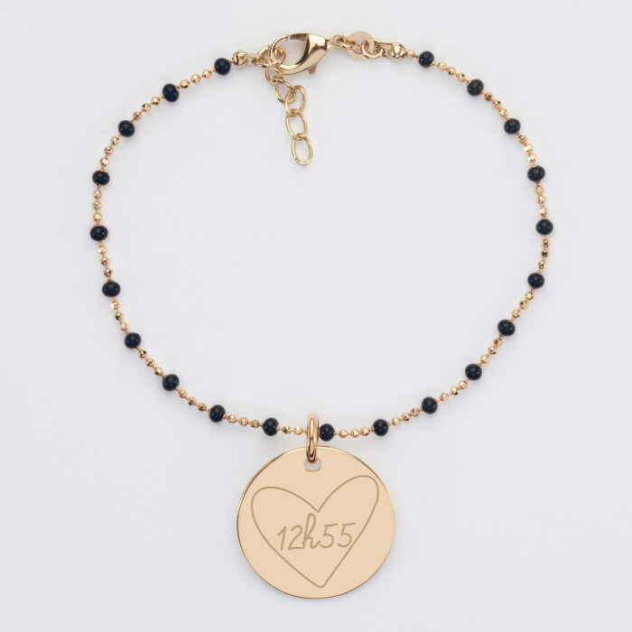 Bracelet perles colorées personnalisé médaille gravée plaqué or 19 mm - HappyBulle x Mon petit Léon - 15h22