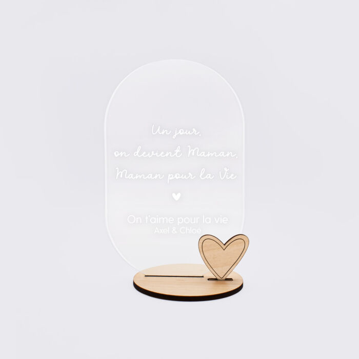 Décoration citation personnalisé acrylique gravé avec coeur bois 13x8 cm - HappyBulle x Mon petit Léon - cadre biais citation 1