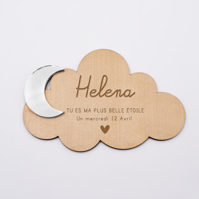 Cadre décoration personnalisé bois nuage gravé avec lune acrylique miroir 16x12 cm - HappyBulle x Mon petit Léon - helena
