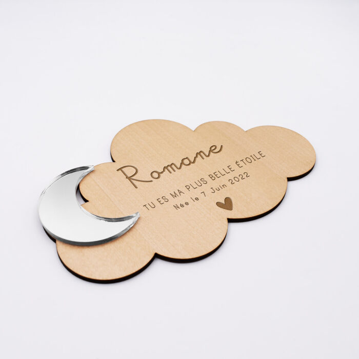Cadre décoration personnalisé bois nuage gravé avec lune acrylique miroir 16x12 cm - HappyBulle x Mon petit Léon - romane