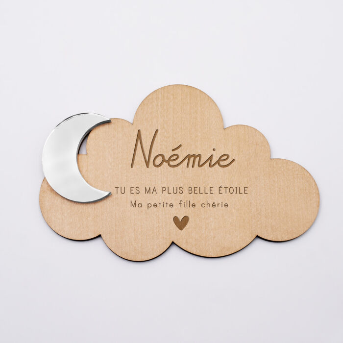 Cadre décoration personnalisé bois nuage gravé avec lune acrylique miroir 16x12 cm - HappyBulle x Mon petit Léon - noémie