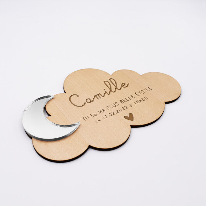 Cadre décoration personnalisé bois nuage gravé avec lune acrylique miroir 16x12 cm - HappyBulle x Mon petit Léon - camille