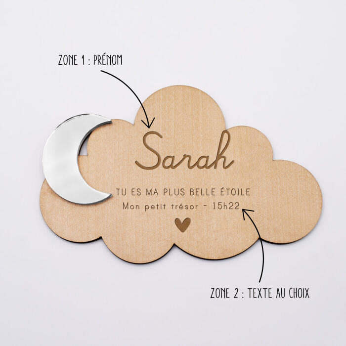 Cadre décoration personnalisé bois nuage gravé avec lune acrylique miroir 16x12 cm - HappyBulle x Mon petit Léon