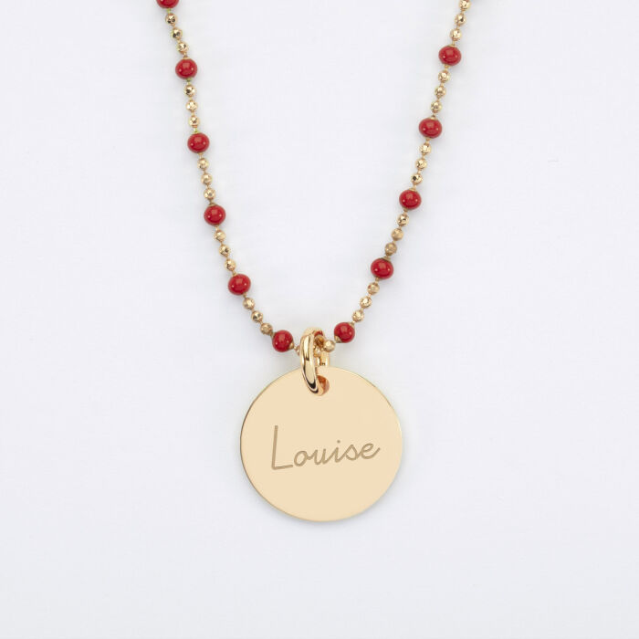 Collier perles colorées personnalisé médaille gravée plaqué or 15 mm - HappyBulle x Mon petit Léon - louise