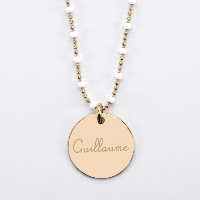 Collier perles colorées personnalisé médaille gravée plaqué or 19 mm - HappyBulle x Mon petit Léon - guillaume