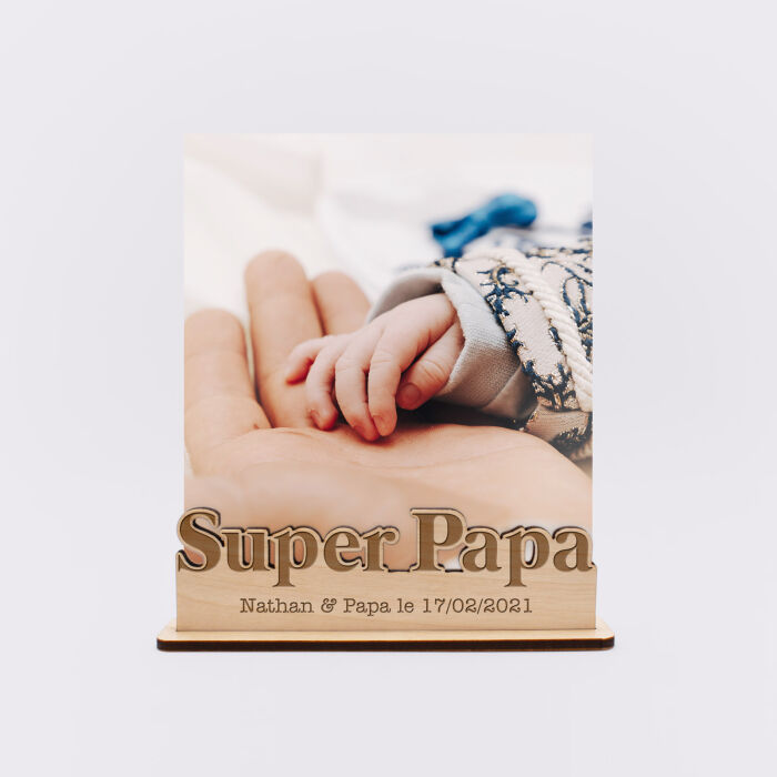 Porte-photo personnalisé bois gravé Super papa - nathan et papa