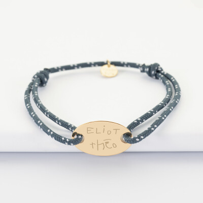 Bracelet homme personnalisé cordage marin simple médaille gravée plaqué or ovale 25x16 mm - prénoms manuscrits