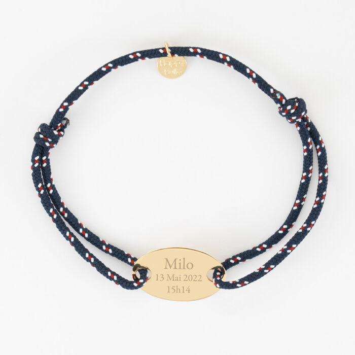 Bracelet homme personnalisé cordage marin simple médaille gravée plaqué or ovale 25x16 mm - prénom date