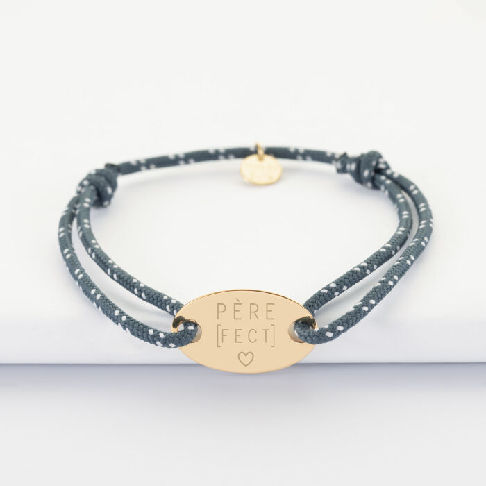 Bracelet homme personnalisé cordage marin simple médaille gravée plaqué or ovale 25x16 mm - illustration