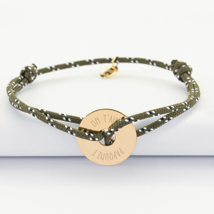 Bracelet homme personnalisé cordage marin simple médaille gravée plaqué or cible 20 mm - texte on t'aime