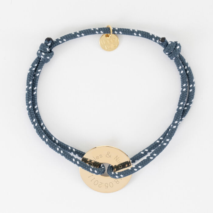 Bracelet homme personnalisé cordage marin simple médaille gravée plaqué or cible 20 mm - texte et date