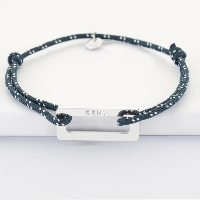 Bracelet homme personnalisé cordage marin simple médaille gravée acier rectangle évidé 32x14 mm - pour la vie