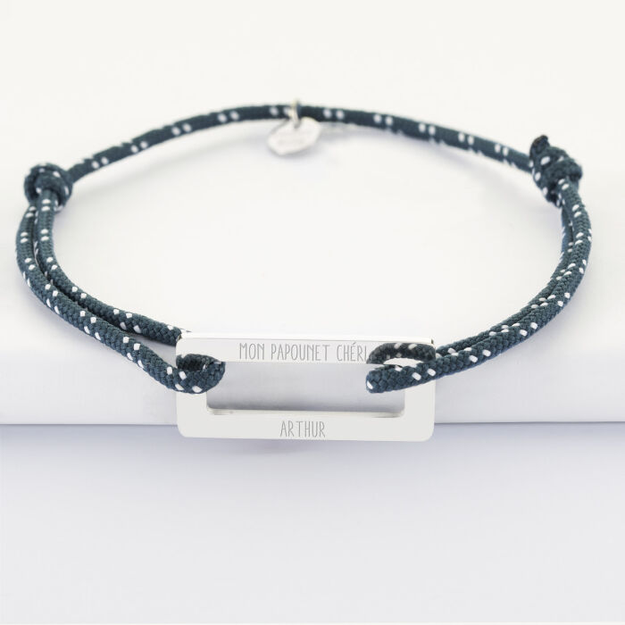 Bracelet homme personnalisé cordage marin simple médaille gravée acier rectangle évidé 32x14 mm - mon papounet chéri