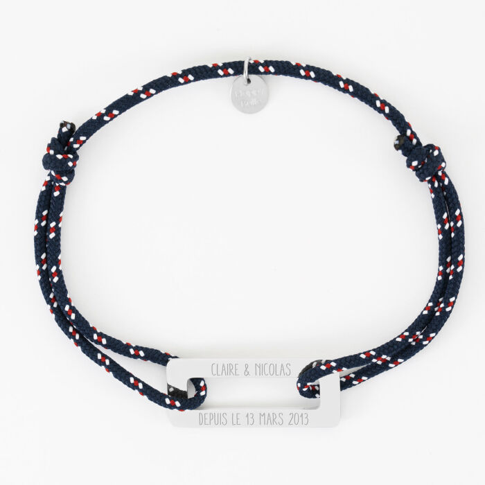 Bracelet homme personnalisé cordage marin simple médaille gravée acier rectangle évidé 32x14 mm - claire & nicolas