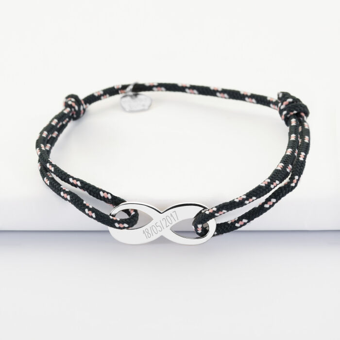 Bracelet infini homme personnalisé cordage marin médaille gravée argent 25x10 mm - date