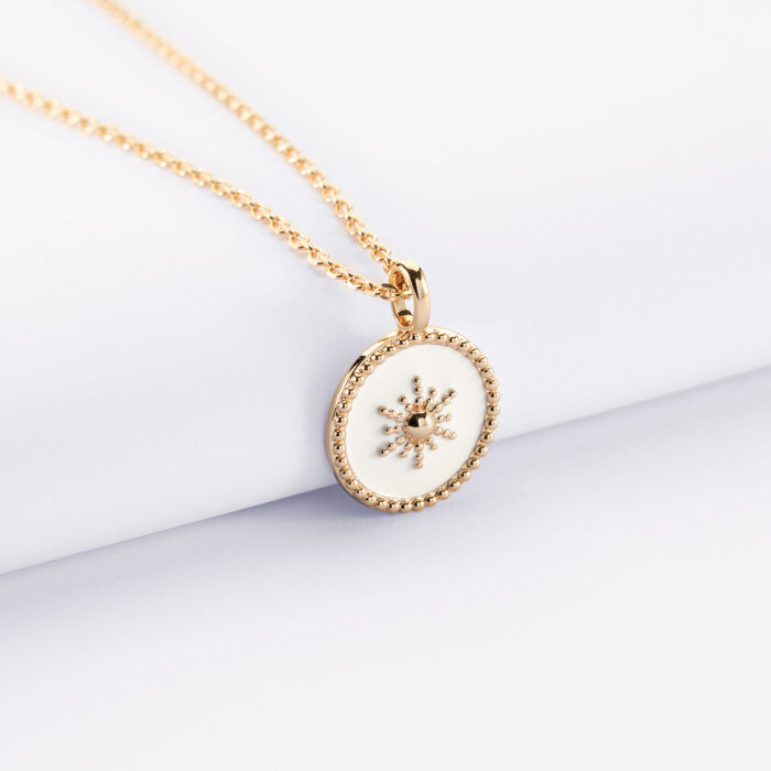 Pendentif personnalisé médaille gravée plaqué or email blanc soleil 14 mm - recto