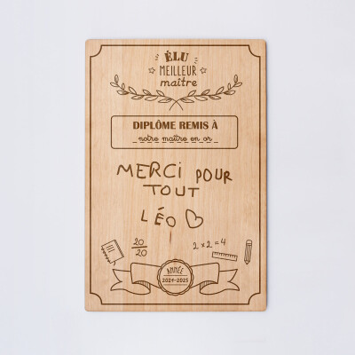 Cadre diplôme maître personnalisé bois gravé 15x10 cm avec support - édition spéciale "Meilleur maître" - écrits maître