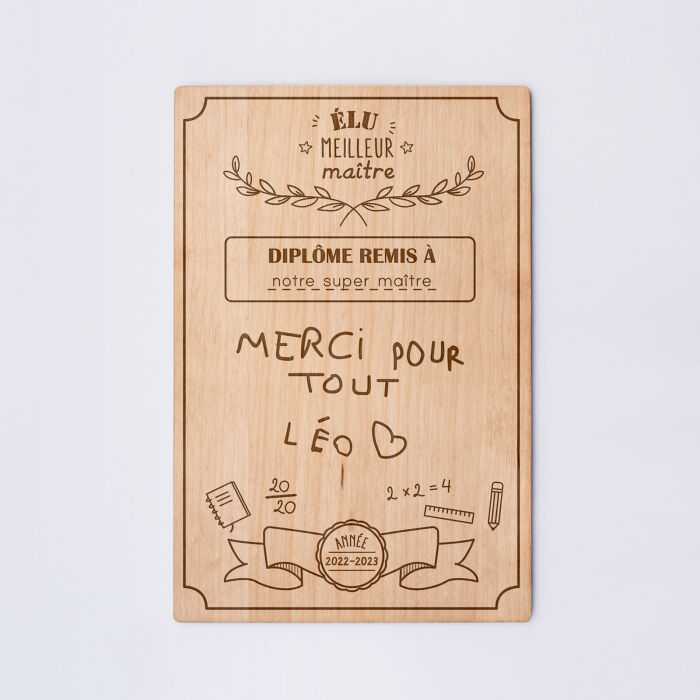 Cadre diplôme maître personnalisé bois gravé 15x10 cm avec support - édition spéciale "Meilleur maître" - écrits maître