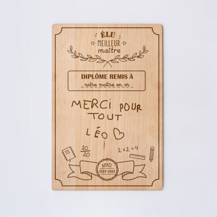 Cadre diplôme maître personnalisé bois gravé 15x10 cm avec support - édition spéciale "Meilleur maître" - écrits maître
