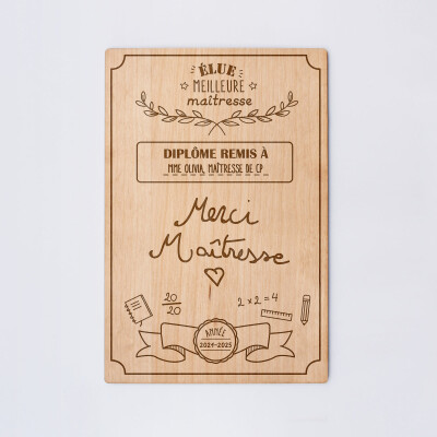 Cadre diplôme maîtresse personnalisé bois gravé 15x10 cm avec support - édition spéciale "Meilleure maîtresse" - écrit maîtresse