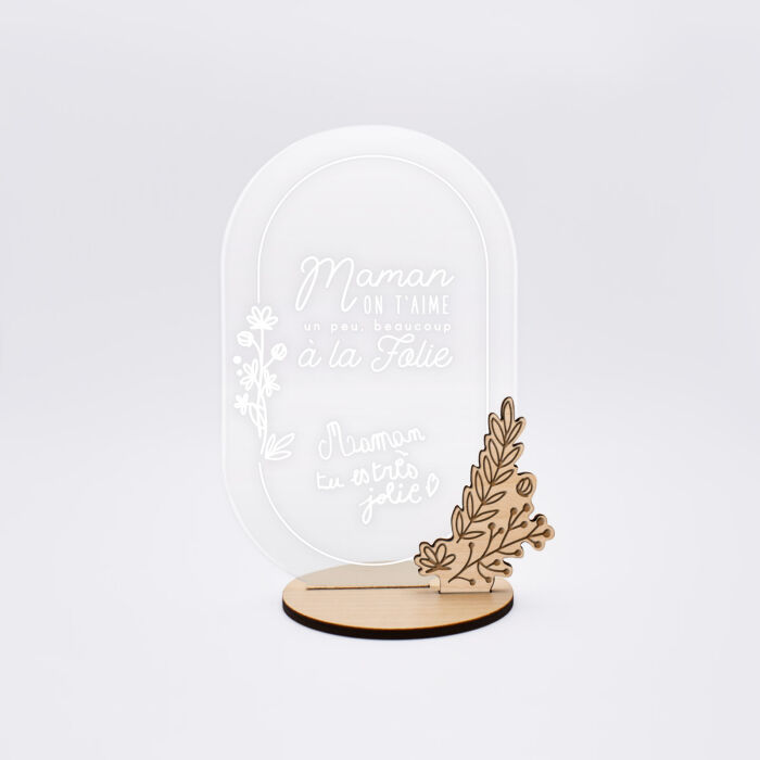Décoration personnalisé acrylique gravé avec bouquet floral bois 13x8 cm  - Edition spéciale "Maman à la folie" - écrits à la main
