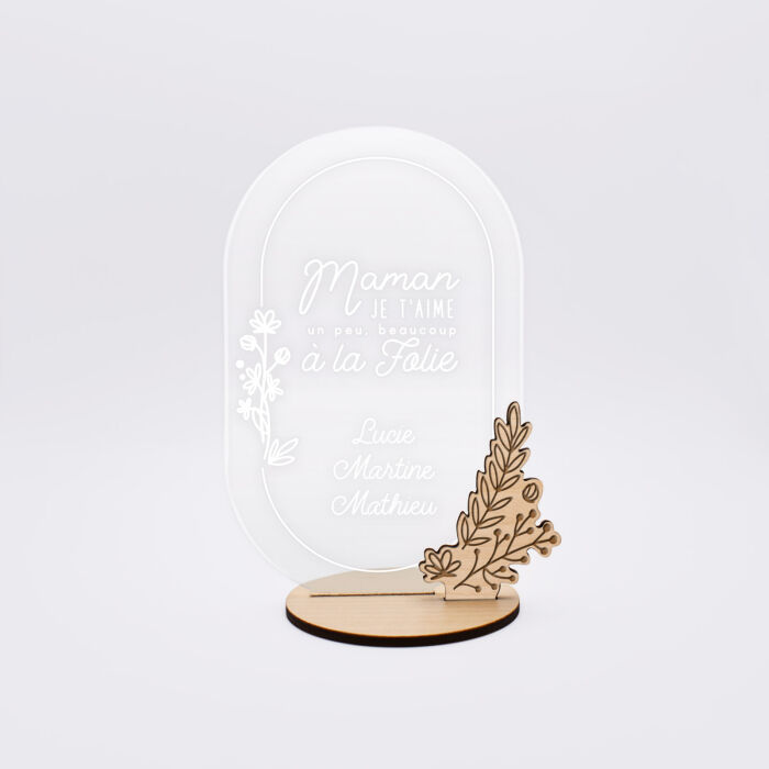 Décoration personnalisé acrylique gravé avec bouquet floral bois 13x8 cm  - Edition spéciale "Maman à la folie" - prénoms