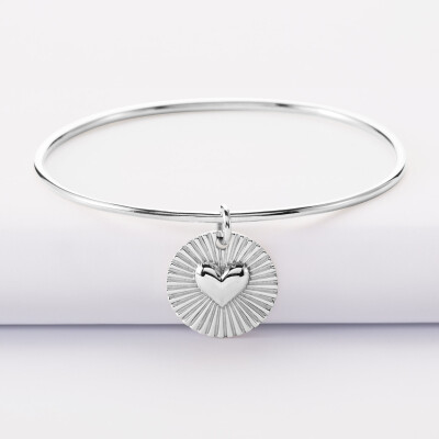 Bracelet personnalisé jonc argent médaille soleil coeur bombé gravée 19 mm - recto médaille