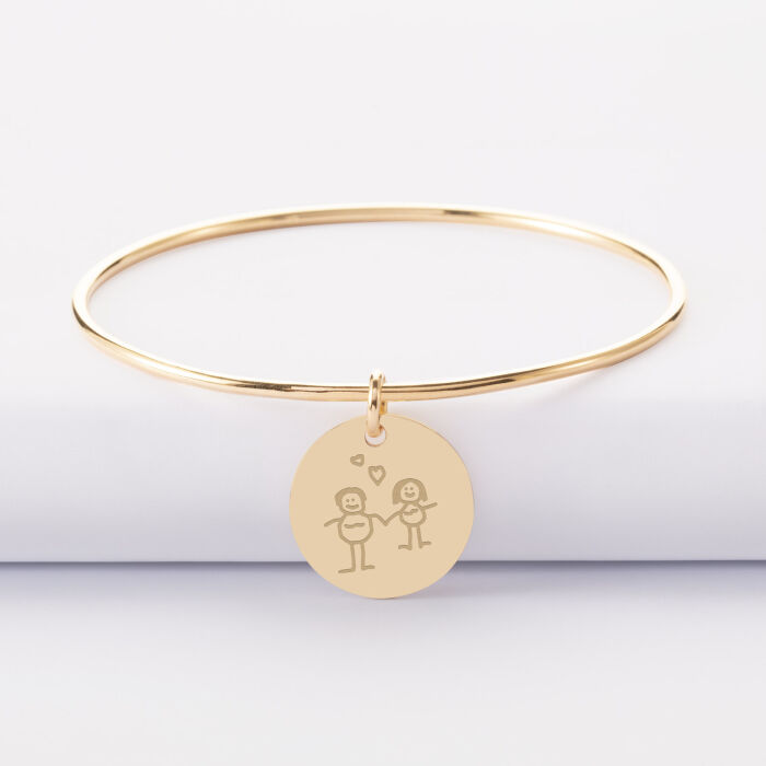 Bracelet personnalisé jonc plaqué or médaille soleil coeur bombé gravée 19 mm - Dessin