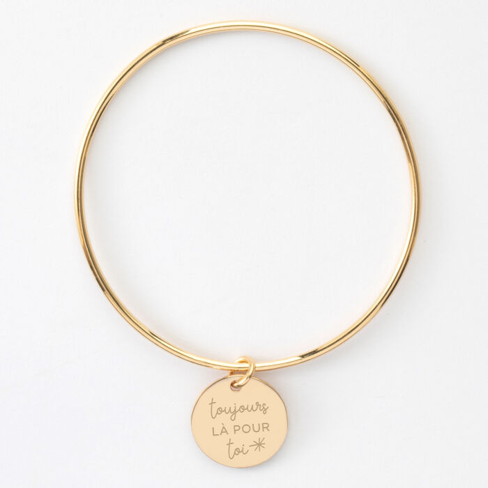 Bracelet personnalisé jonc plaqué or médaille soleil coeur bombé gravée 19 mm - Illustration