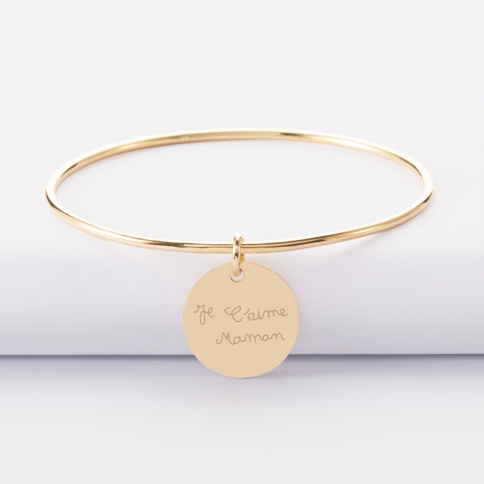 Bracelet personnalisé jonc plaqué or médaille soleil coeur bombé gravée 19 mm - Ecrit