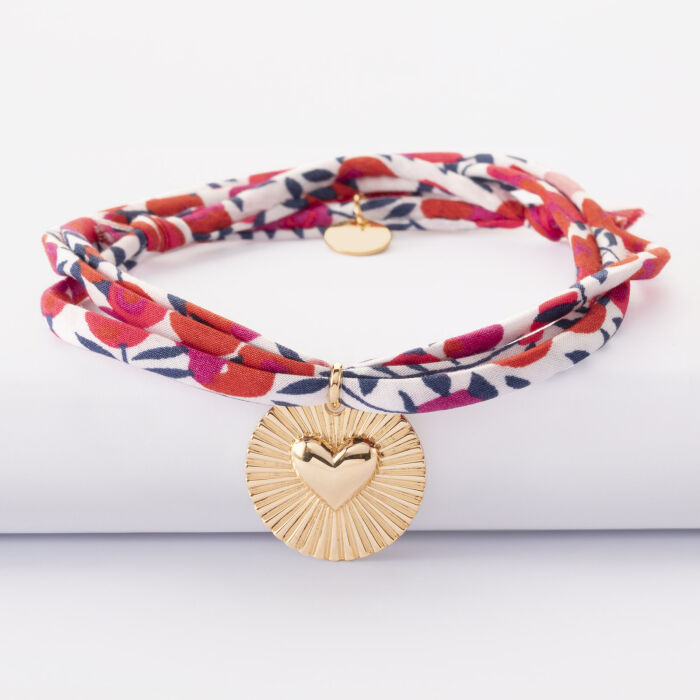 Bracelet 3 tours Liberty personnalisé médaille soleil coeur bombé gravée plaqué or 19 mm - recto médaille