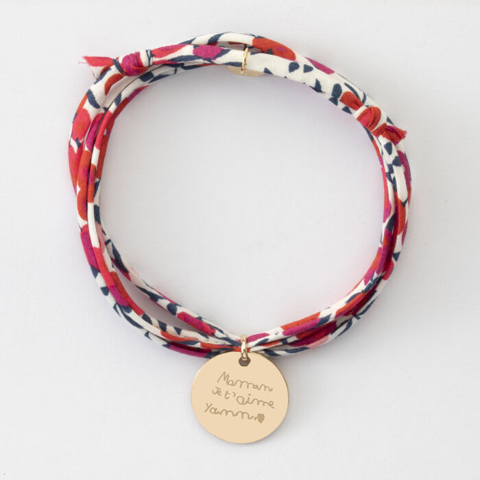 Bracelet 3 tours Liberty personnalisé médaille soleil coeur bombé gravée plaqué or 19 mm - écrits à la main