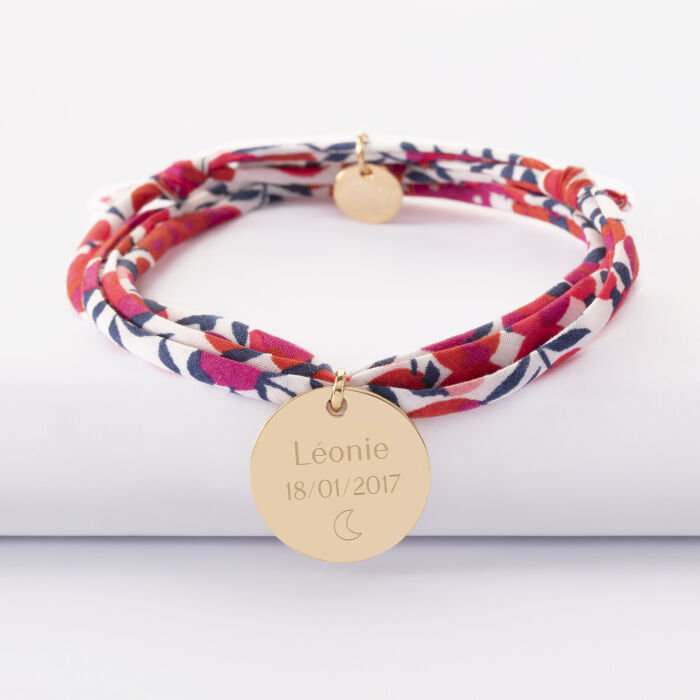 Bracelet 3 tours Liberty personnalisé médaille soleil coeur bombé gravée plaqué or 19 mm - prénom et date