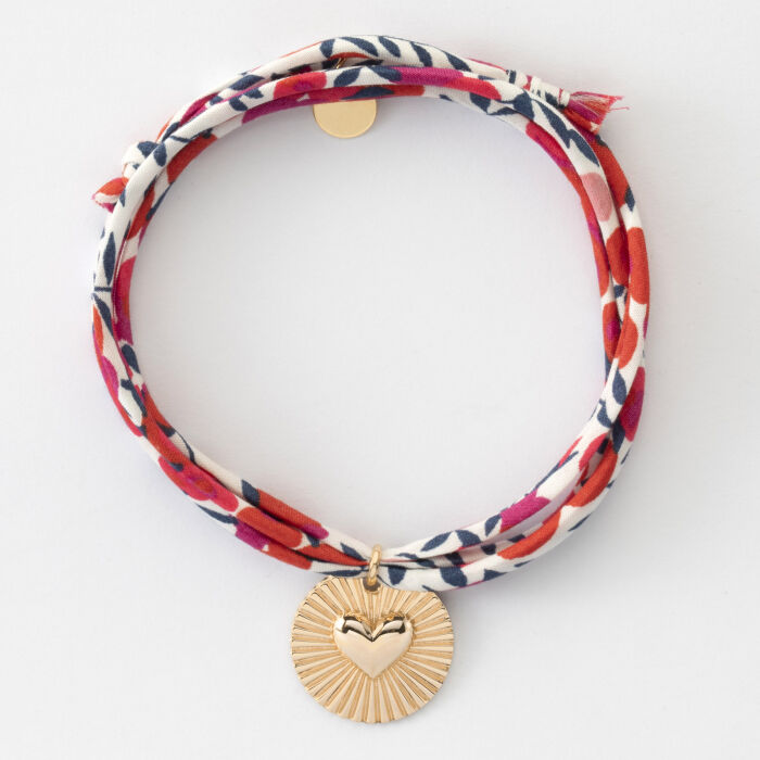 Bracelet 3 tours Liberty personnalisé médaille soleil coeur bombé gravée plaqué or 19 mm - recto