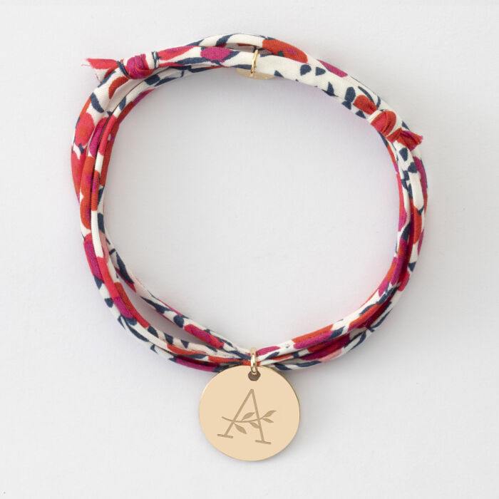 Bracelet 3 tours Liberty personnalisé médaille soleil coeur bombé gravée plaqué or 19 mm - illustration alphabeth