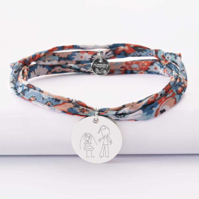 Bracelet 3 tours Liberty personnalisé médaille soleil coeur bombé gravée argent 19 mm - dessin