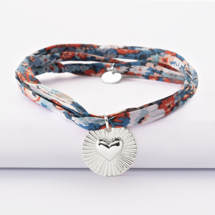 Bracelet 3 tours Liberty personnalisé médaille soleil coeur bombé gravée argent 19 mm - coeur face