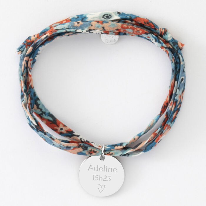 Bracelet 3 tours Liberty personnalisé médaille soleil coeur bombé gravée argent 19 mm - texte + pictogramme