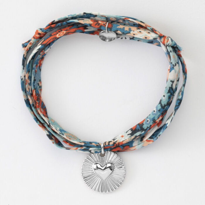 Bracelet 3 tours Liberty personnalisé médaille soleil coeur bombé gravée argent 19 mm - coeur