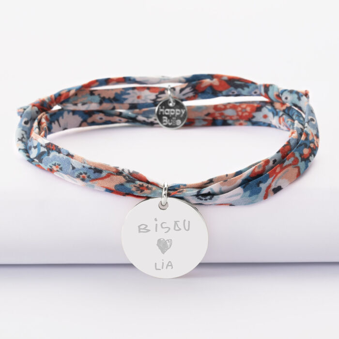 Bracelet 3 tours Liberty personnalisé médaille soleil coeur bombé gravée argent 19 mm - écrit