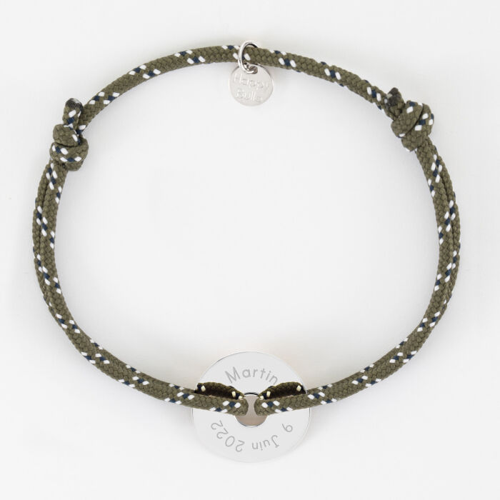 Bracelet homme personnalisé cordage marin médaille gravée argent cible 20 mm - prénom et date