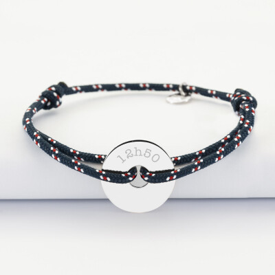 Bracelet homme personnalisé cordage marin médaille gravée argent cible 20 mm - heure naissance