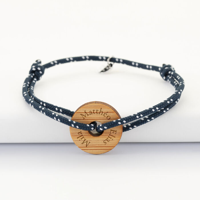 Bracelet homme personnalisé cordage marin simple médaille gravée bois cible ronde 21 mm - 3 prénoms