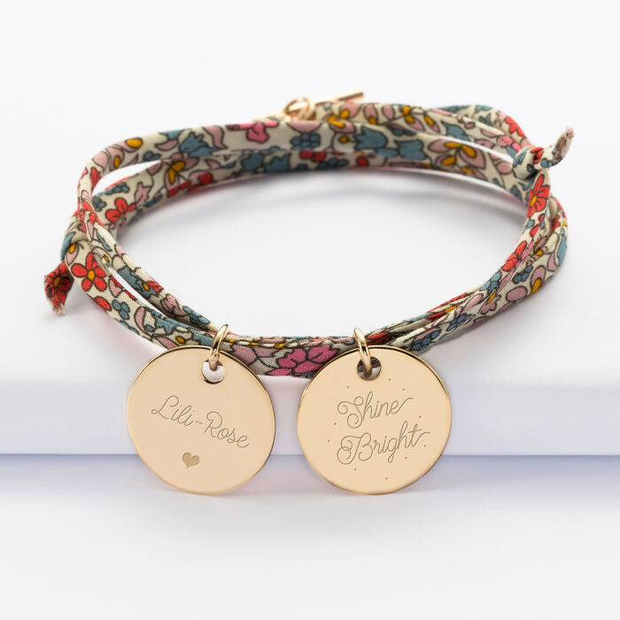 Liberty 3 turn bracelet with 2 personalised engraved gold plated medallions 19 mm - name + illustration
