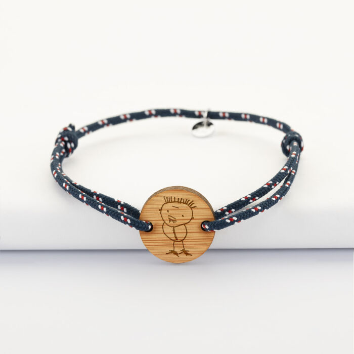 Bracelet homme personnalisé cordage marin simple médaille gravée bois ronde 2 trous 21 mm - dessin enfant