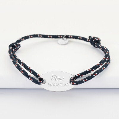 Bracelet homme personnalisé cordage marin simple médaille gravée argent ovale 25x16 mm - prénom et date