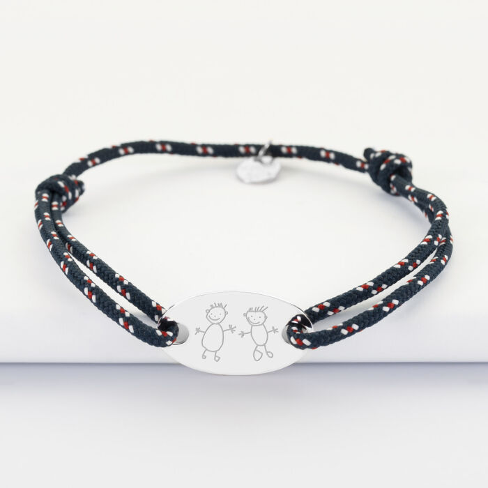 Bracelet homme personnalisé cordage marin simple médaille gravée argent ovale 25x16 mm - dessin